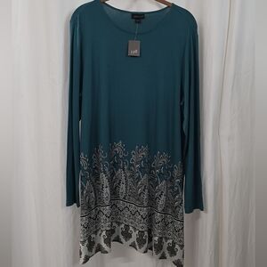 J Jill L Large Teal Green Blue Long Sleeve Jersey Knit Paisly Tunic Top Boho